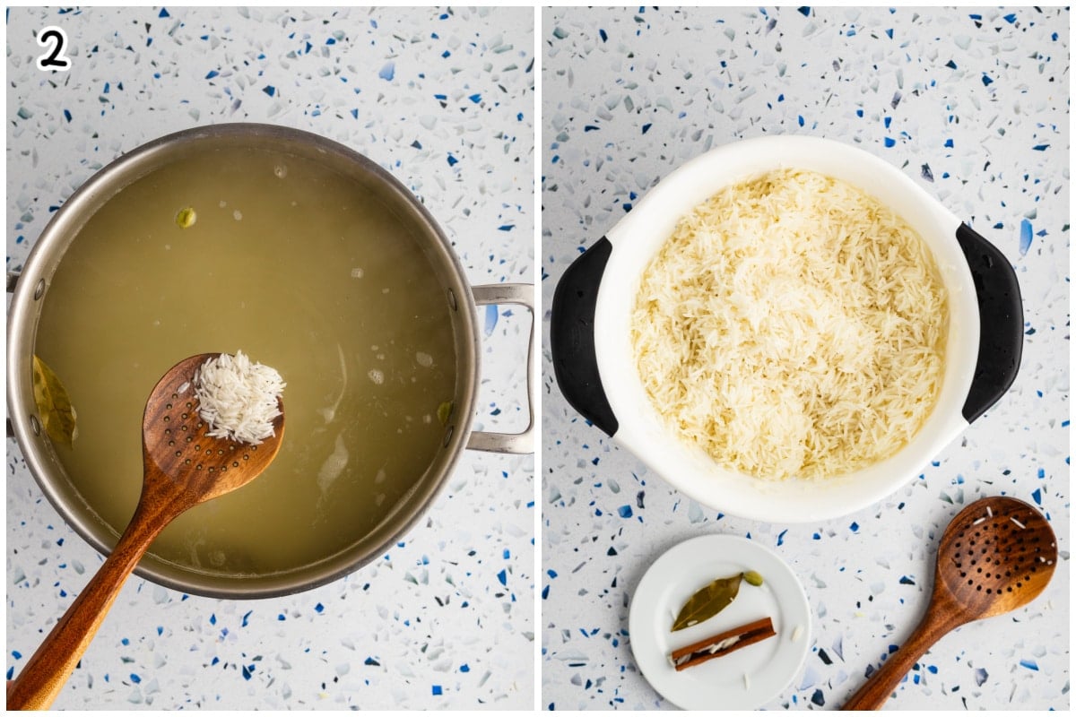 A collage of two images one with water to boil the rice and the other with rice in a colander.