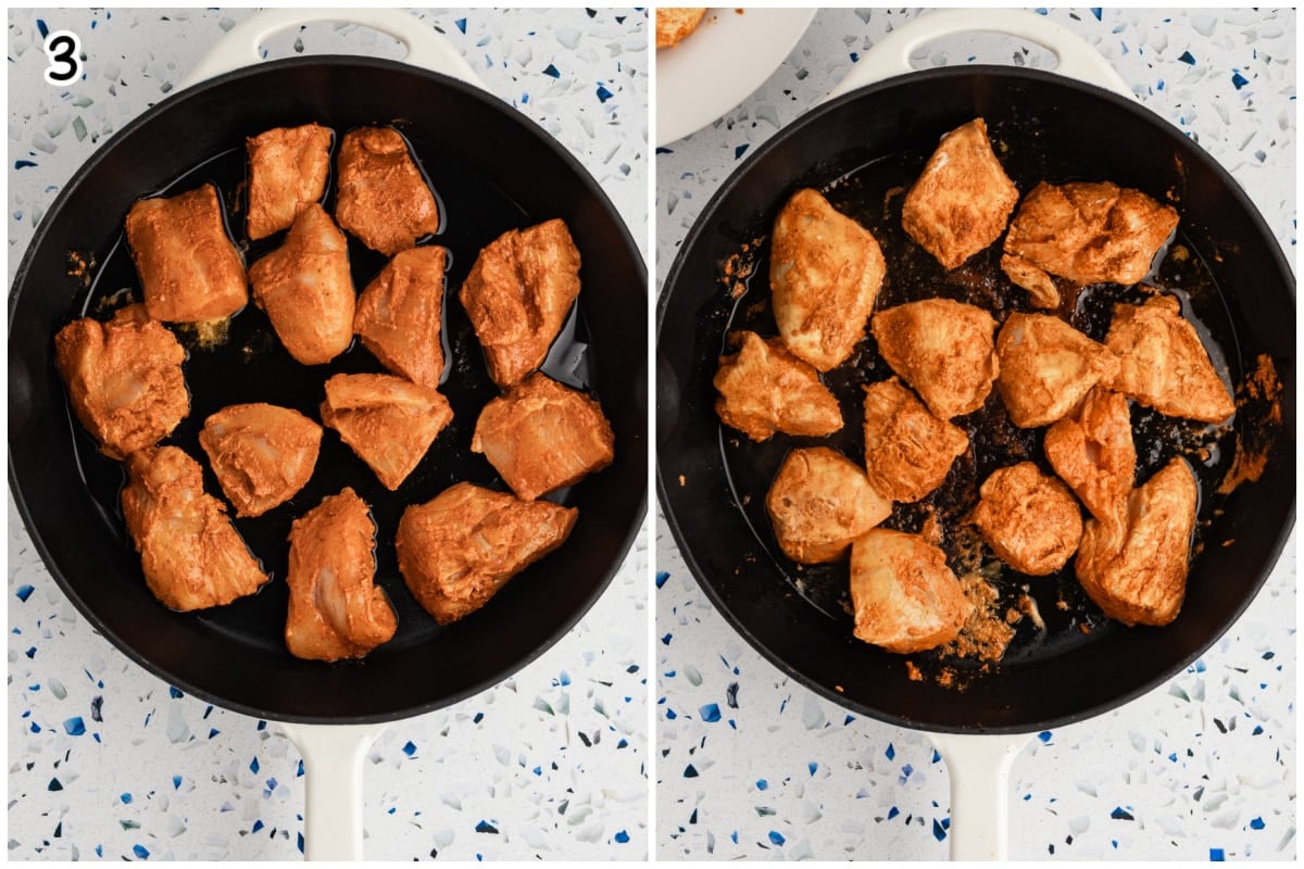 A collage of two images showing how to sear the chicken.