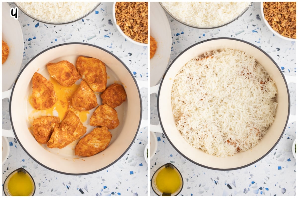 A collage of two images. The first shows a layer of chicken at the bottom of a dutch oven and the second shows a layer of rice on top of the chicken.