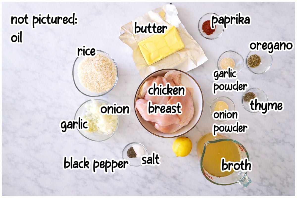 Ingredients for the chicken and rice recipe with text overlay.