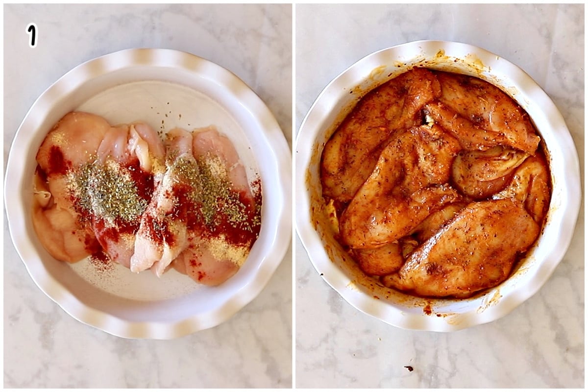 Two images of chicken breast being tossed with spices.