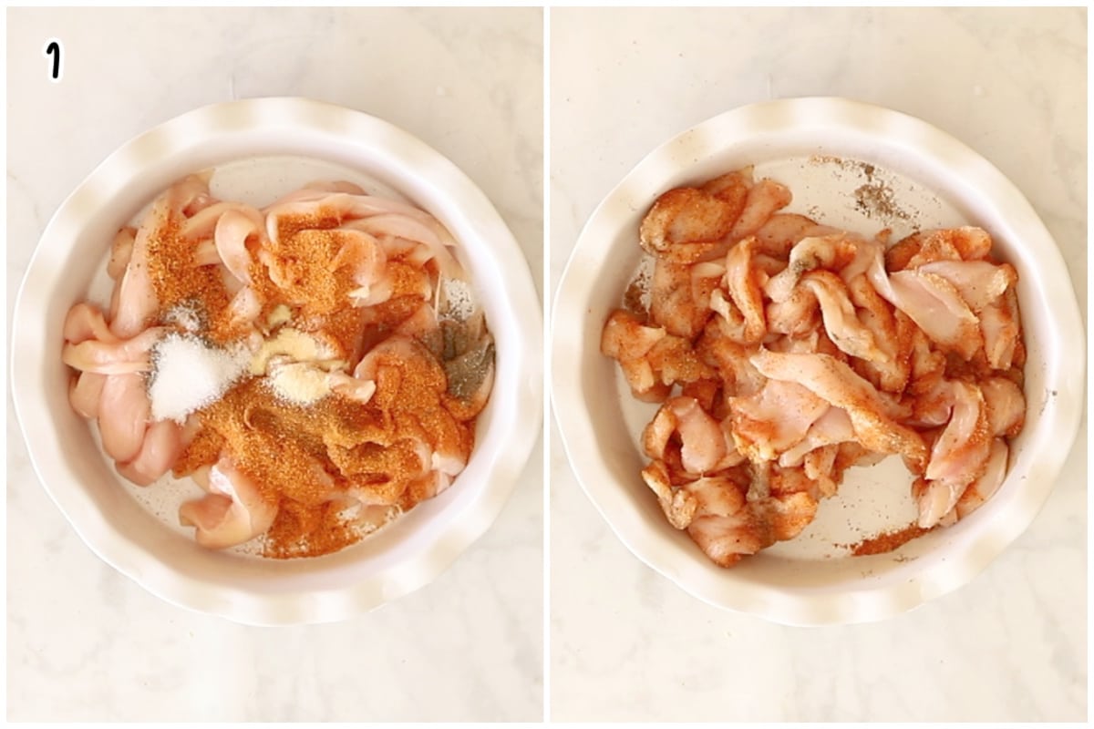 A collage of two images showing how to season chicken.
