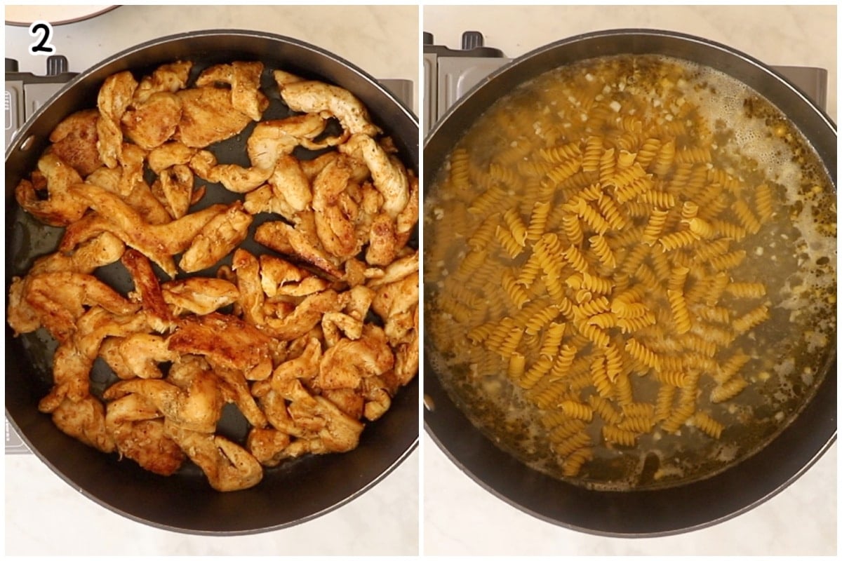 A two image collage showing how to sear chicken and cook pasta.