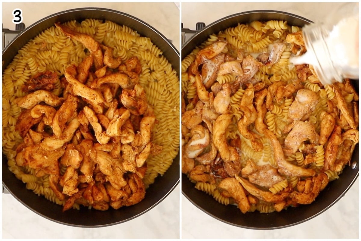 A collage of two images showing how to finish the cajun chicken pasta.