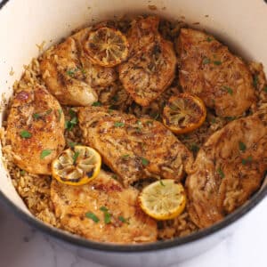 Slices of cooked chicken on a large pot over lemon rice.