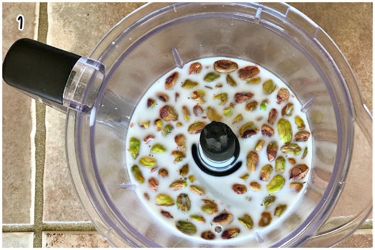 An image of a blender with soaked pistachios.