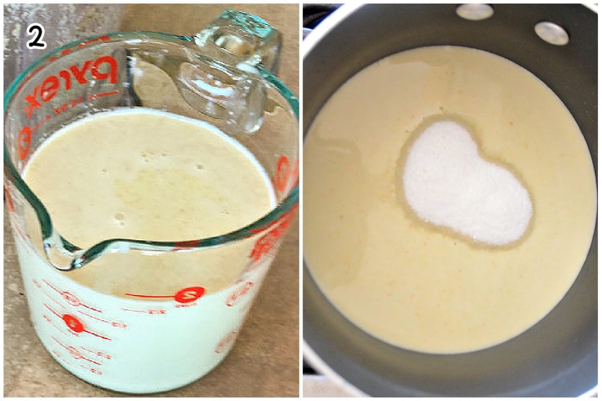 A collage of two images with a measuring cup of pistachuio milk and a pot with pistachio milk and sugar.