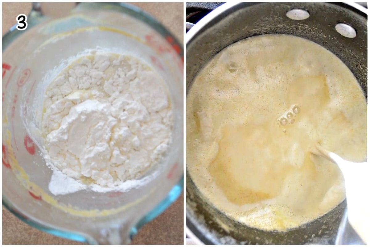 A collage of two images for making the pistachio pudding on the stove.