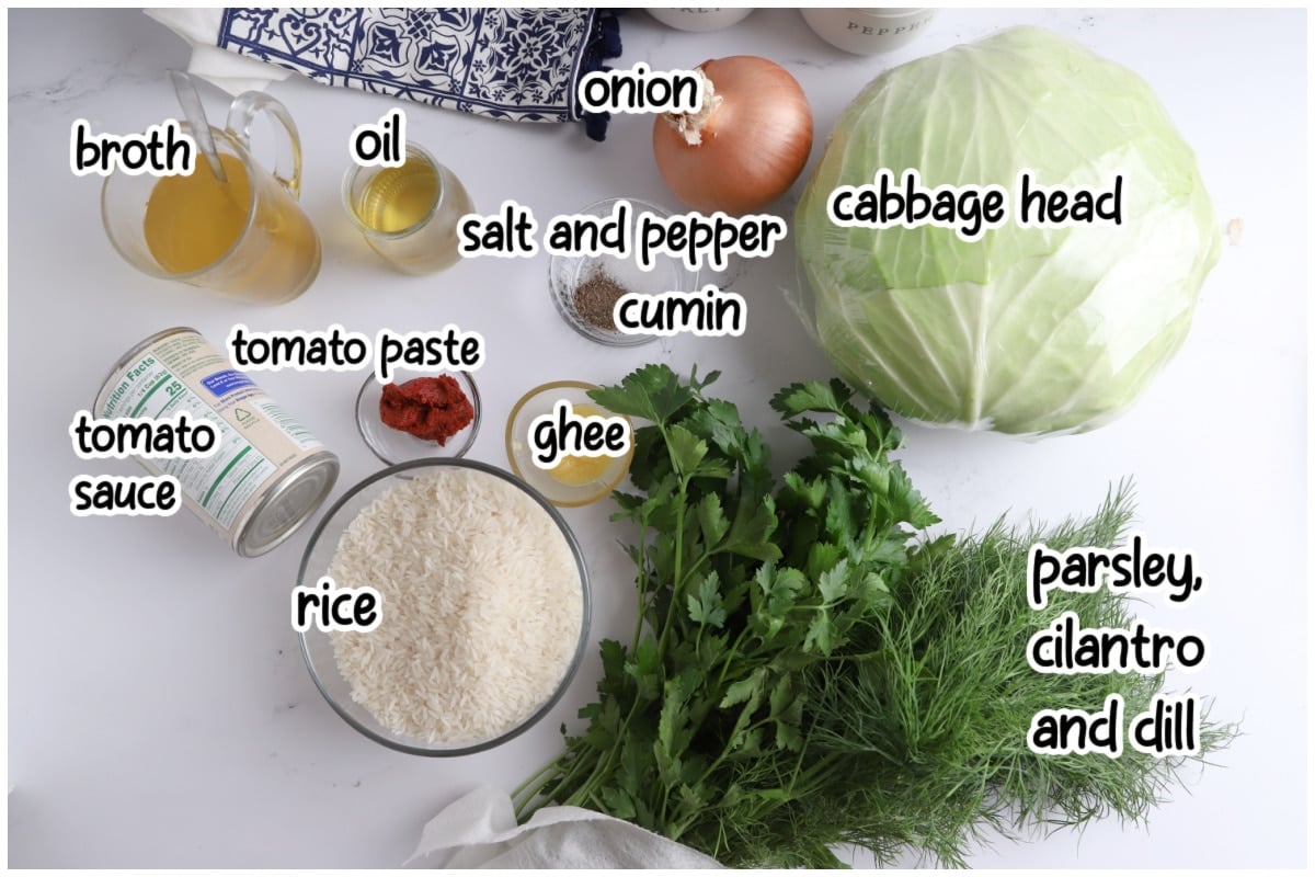 Ingredients for cabbage rolls on a white surface.