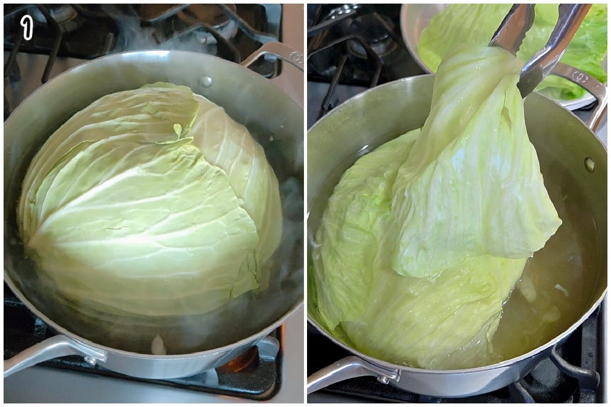 A collage of two images showing how to separate cabbage leaves.