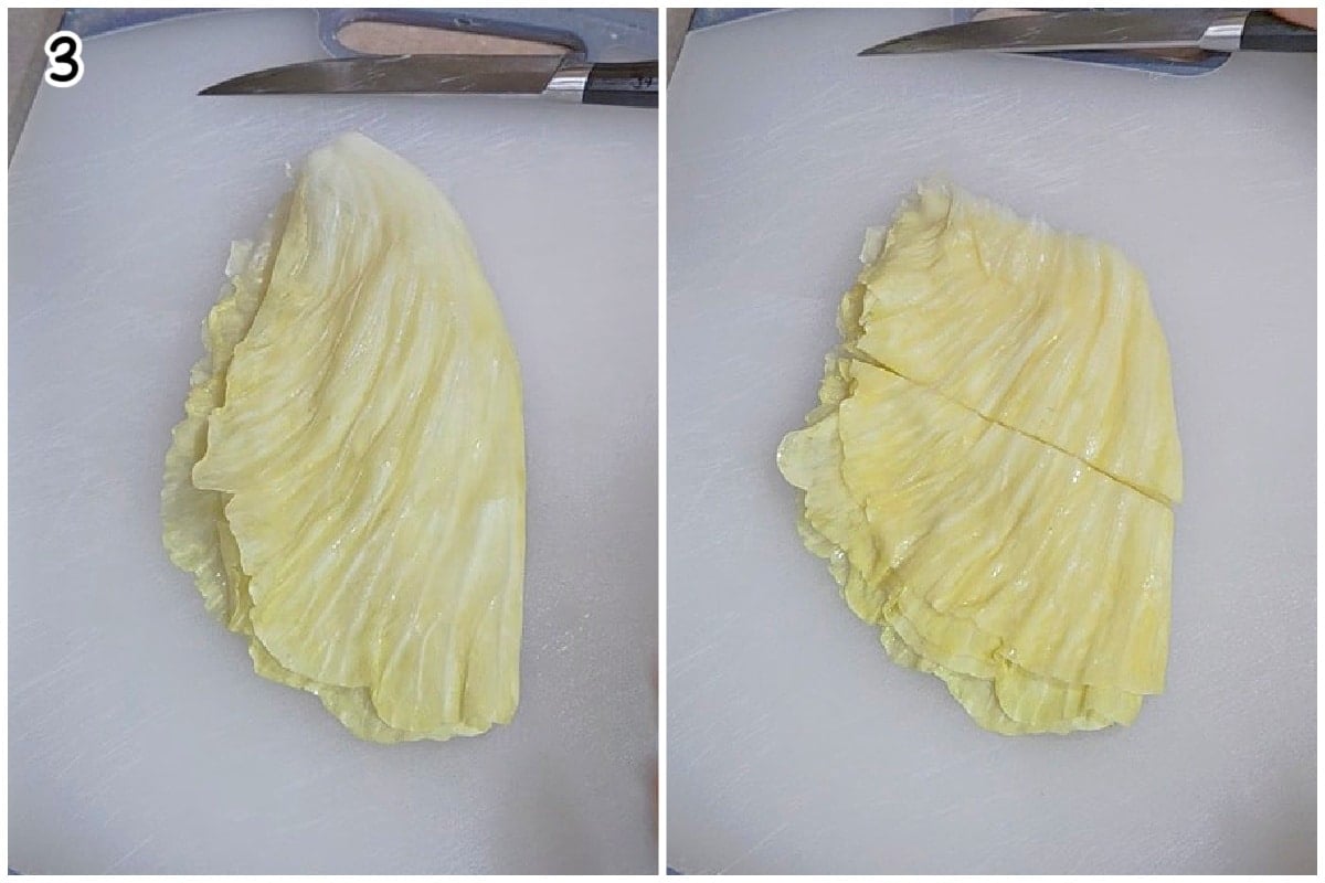 A collage of two images showing how to cut cabbage leaves,.
