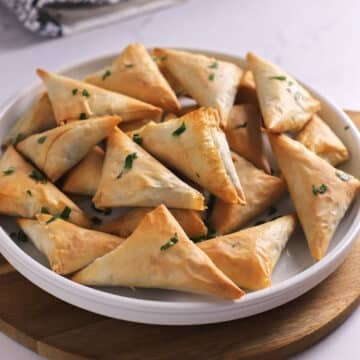 A close up image on a white plate with spanakopita.