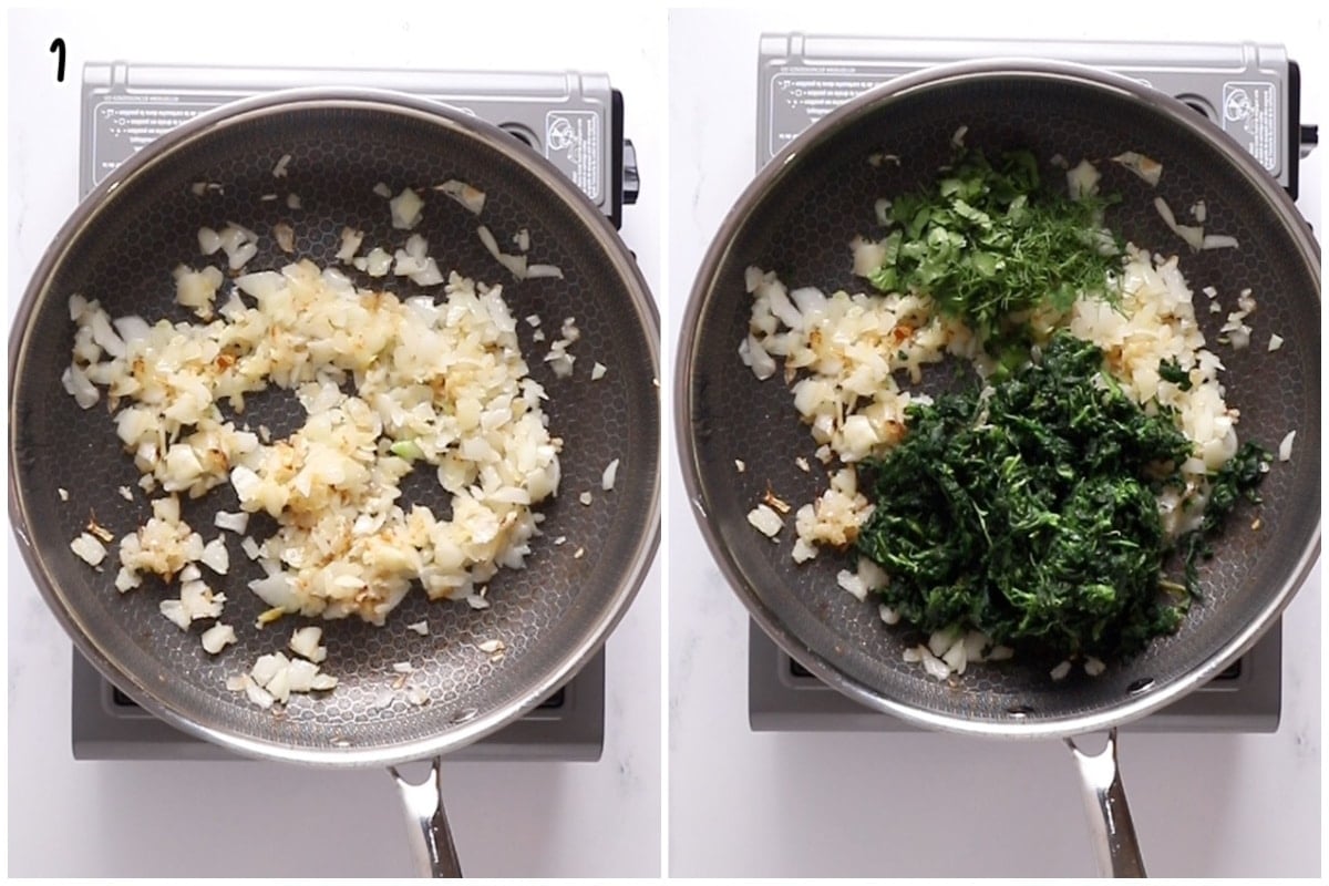 Two images of a large skillet with onion then adding spinach and fresh herbs.