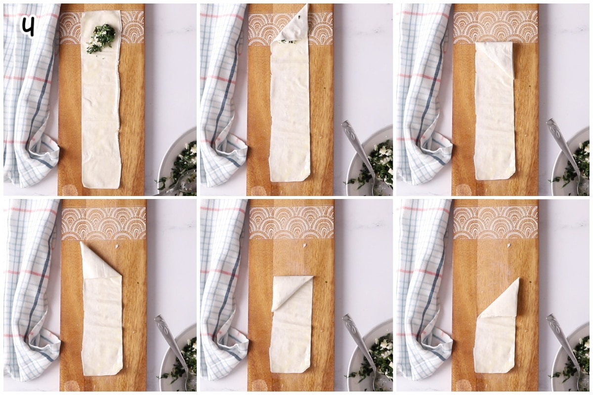 A 6 image collage showing how to roll spanakopita triangles.