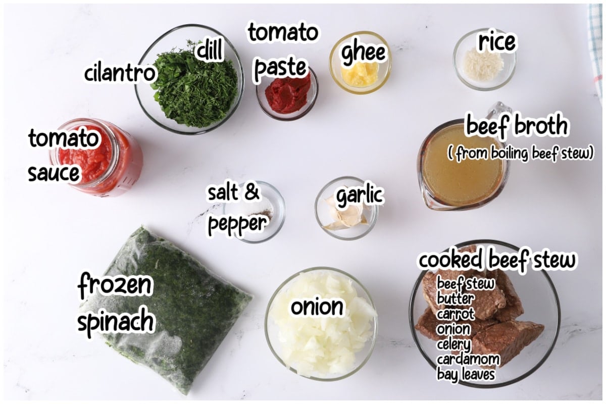 Ingredients for the spinach stew with text overlay.