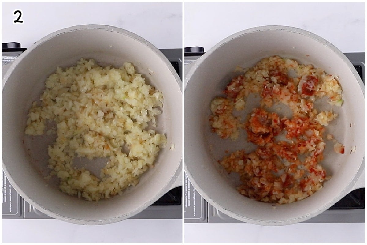 A collage of two images showing how to saute onions and garlic to make the stew.