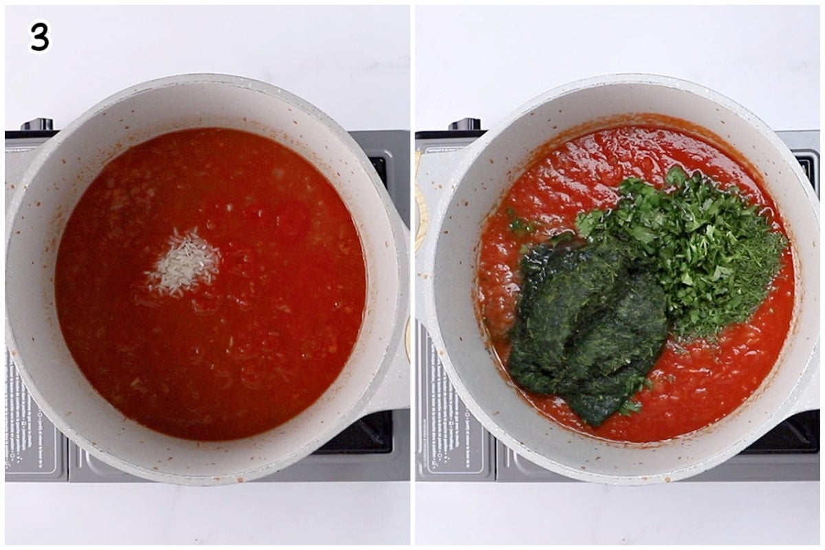 A collage of two images with steps of adding spinach and fresh herbs to the tomato sauce.