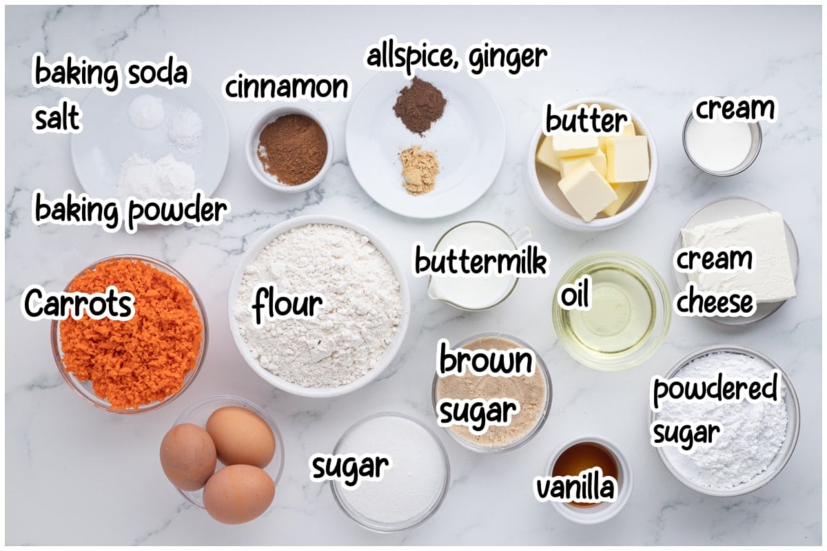 Ingredients for the bundt cake on a white surface.