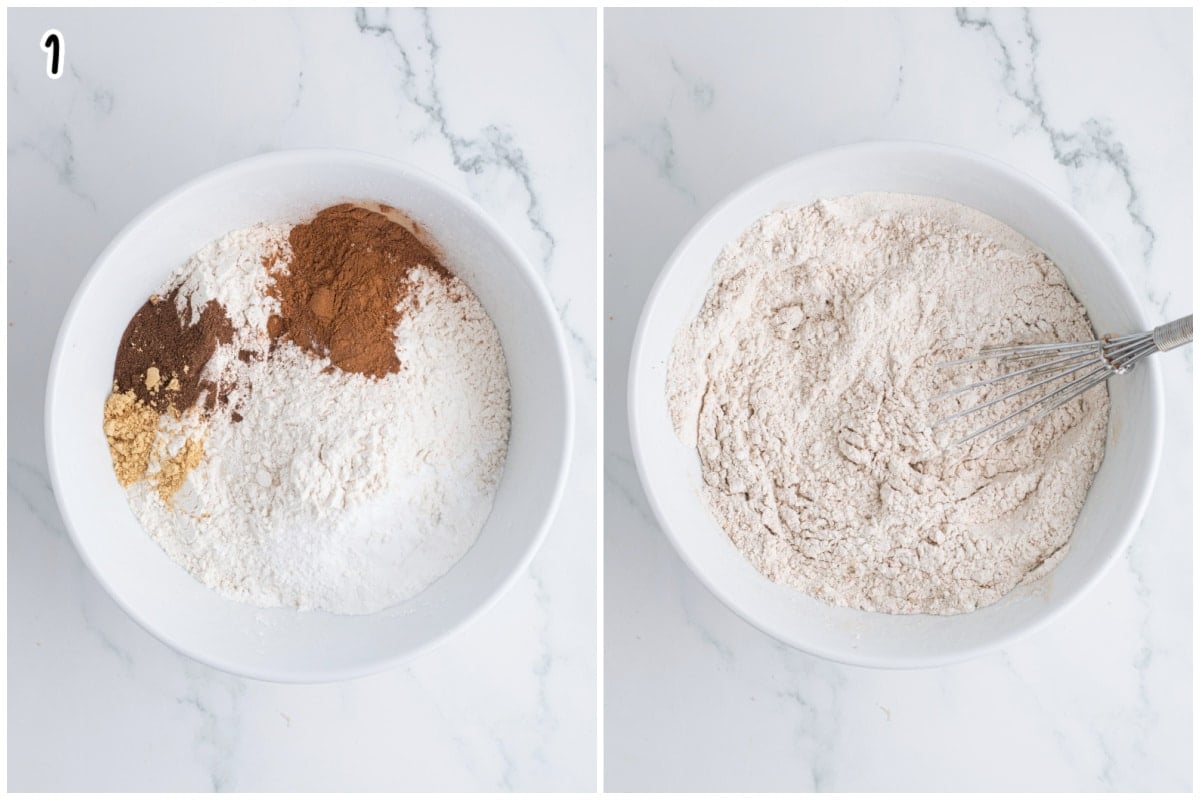 A collage of two images with bowls of mixed dry ingredients.