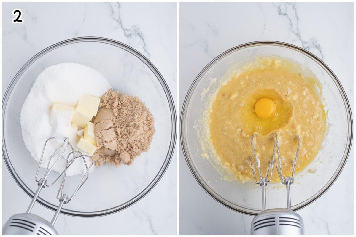 A collage of two images of a glass bowl with the wet ingredients.