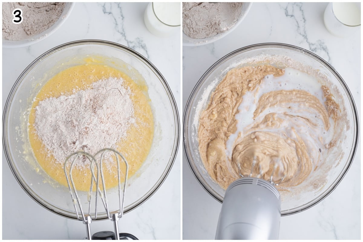 Adding the flour to the wet ingredients for the cake.