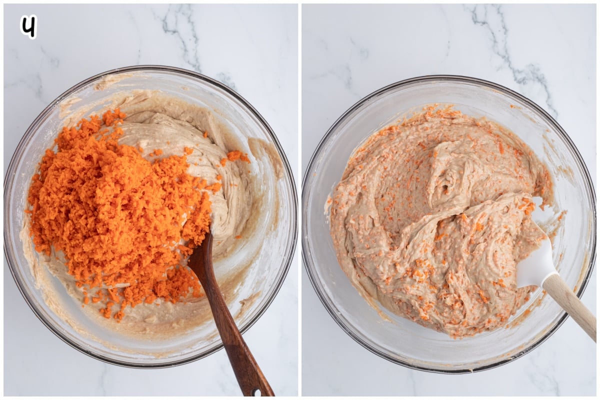 Folding in the shredded carrots into the cake batter.