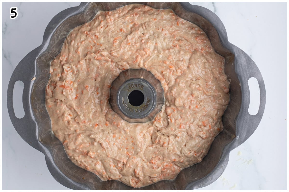 Carrot cake batter in a bundt pan.