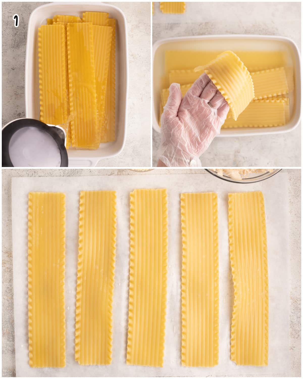 A three image collage showing how to par boil lasagna noodles.