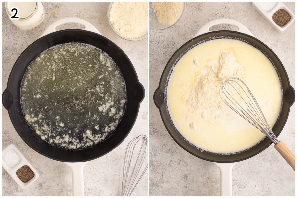Two images with steps to make alfredo sauce for the lasagna.