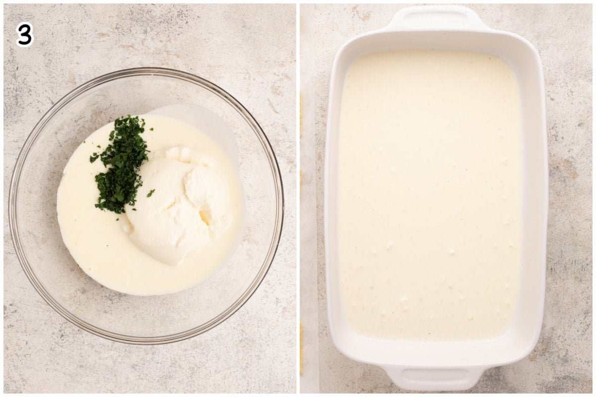 A two image photo with the first one showing abowl of alfredo sauce, ricotta and parsley while the second one showing a casserole with alfredo sauce layer at the bottom.