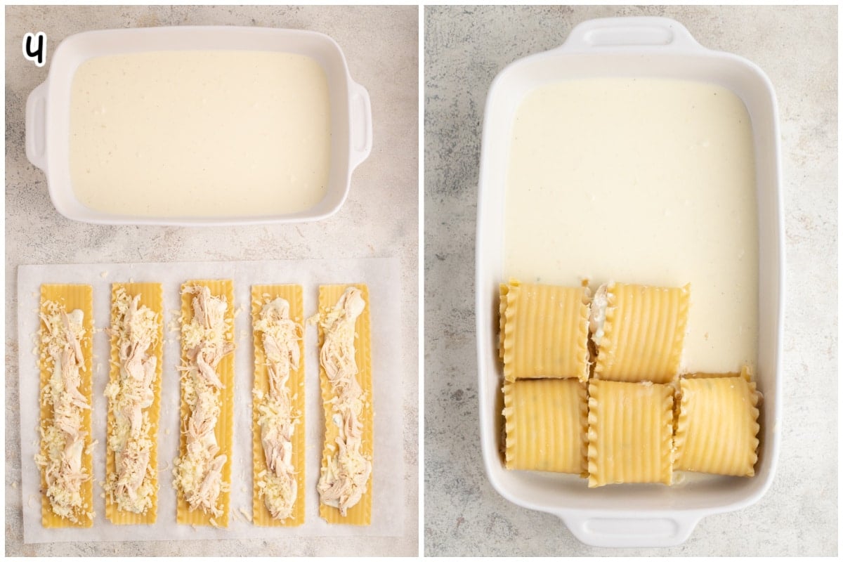 A collage of two images showing how to roll chicken lasagna rolls and arrange them into a baking dish.
