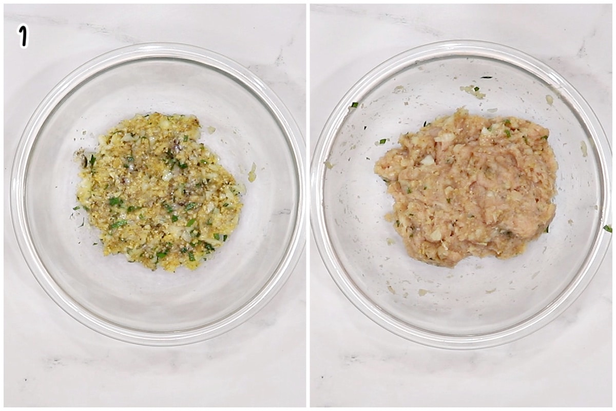 A collage of two images showing a glass bowl with chicken meatball mixture.