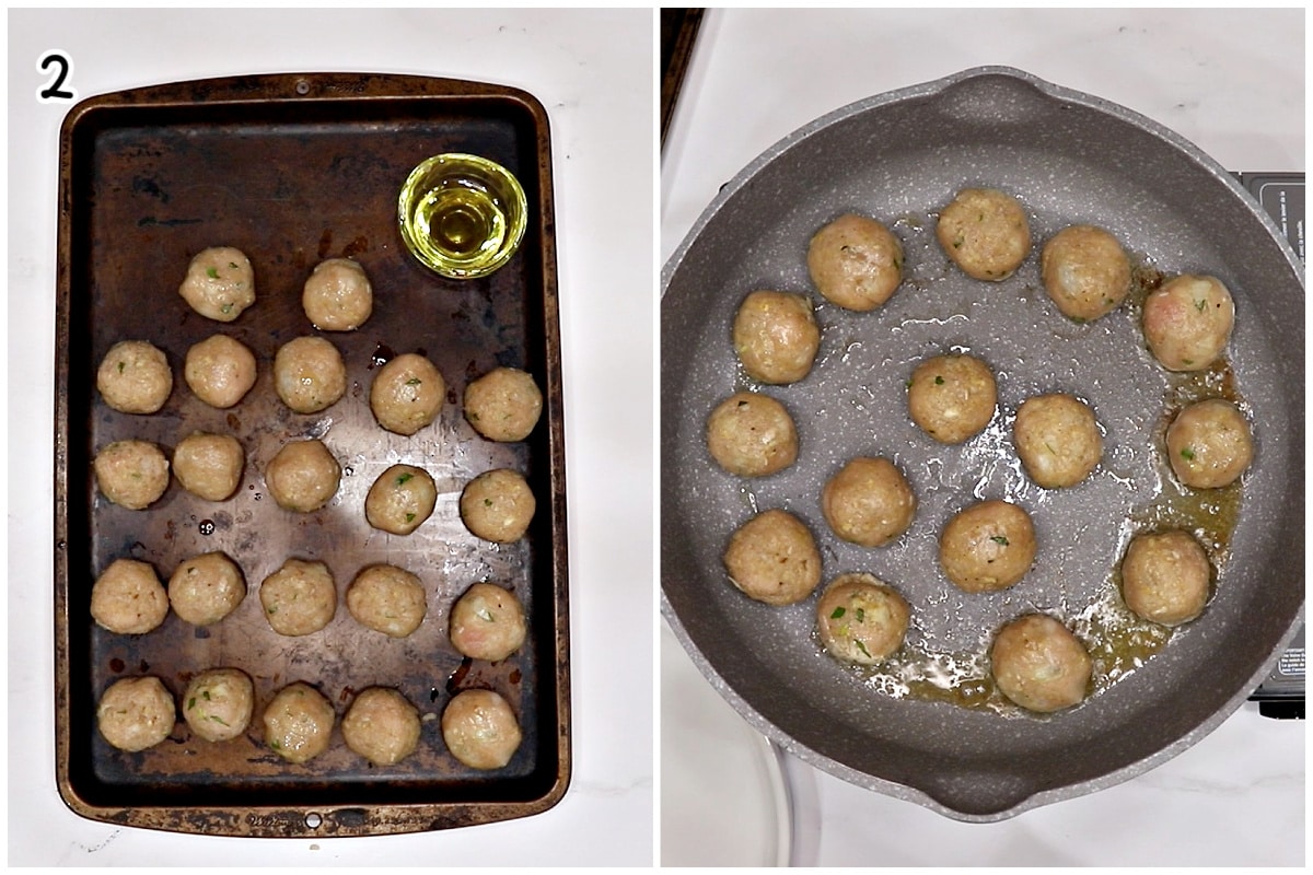 A collage of two images showing chicken meatballs on a tray then fred in a skillet.