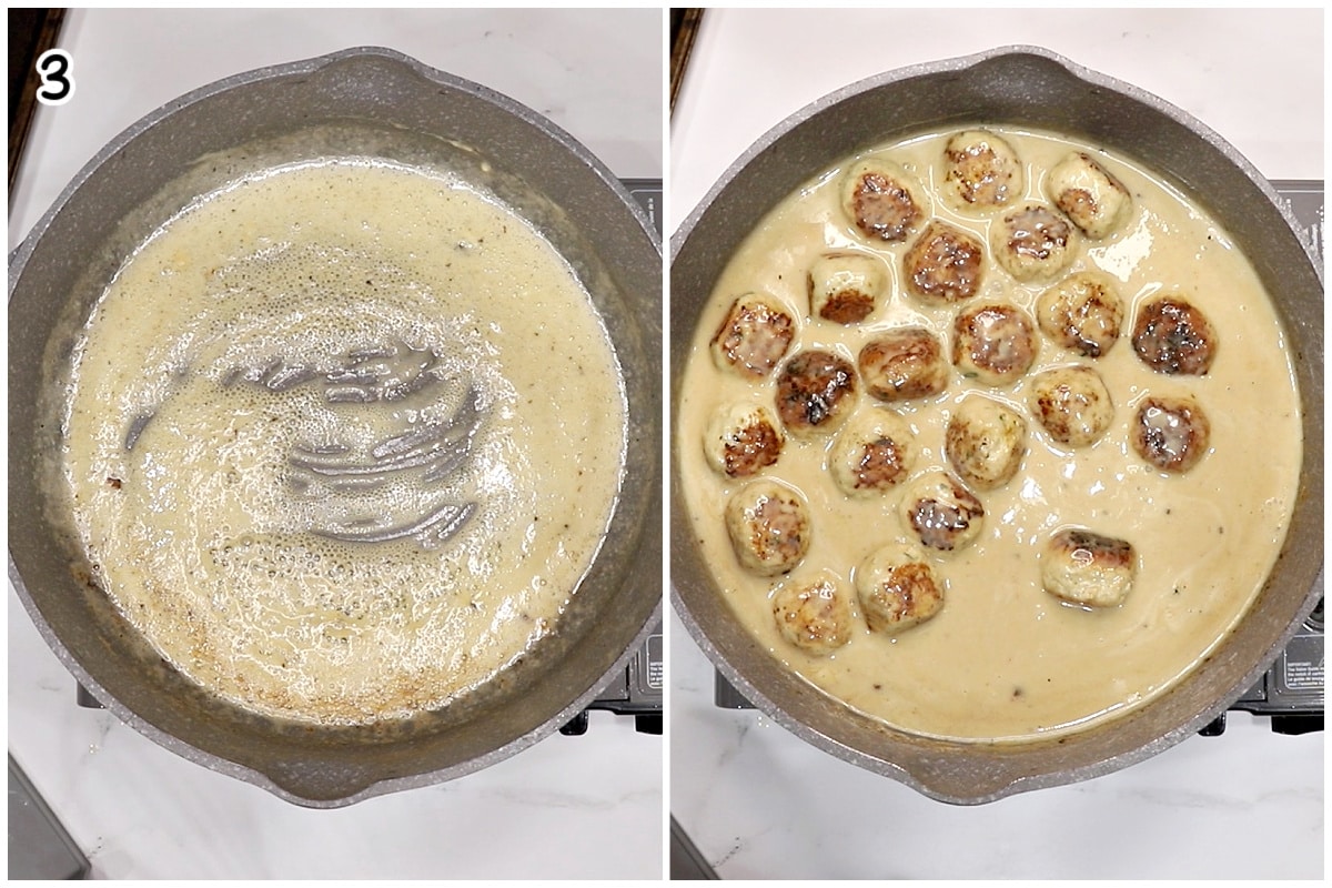 White sauce for the chicken Swedish meatballs in a large skillet.