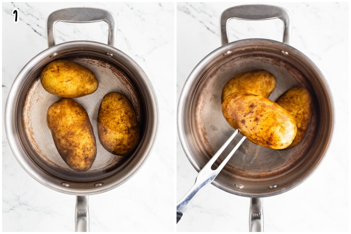 A collage of two images showing how to parboil ptatoes.