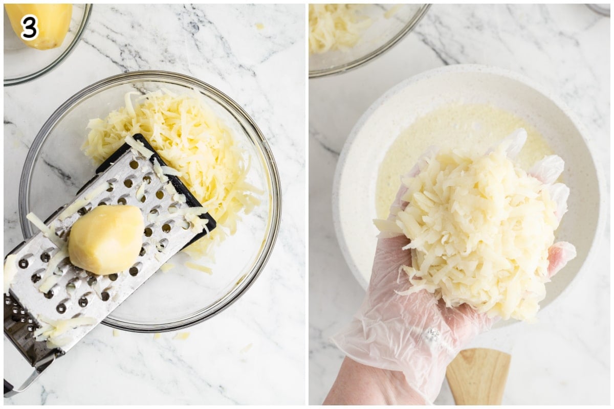 A collage of two images showing how to grate and squeeze the shredded potatoes.