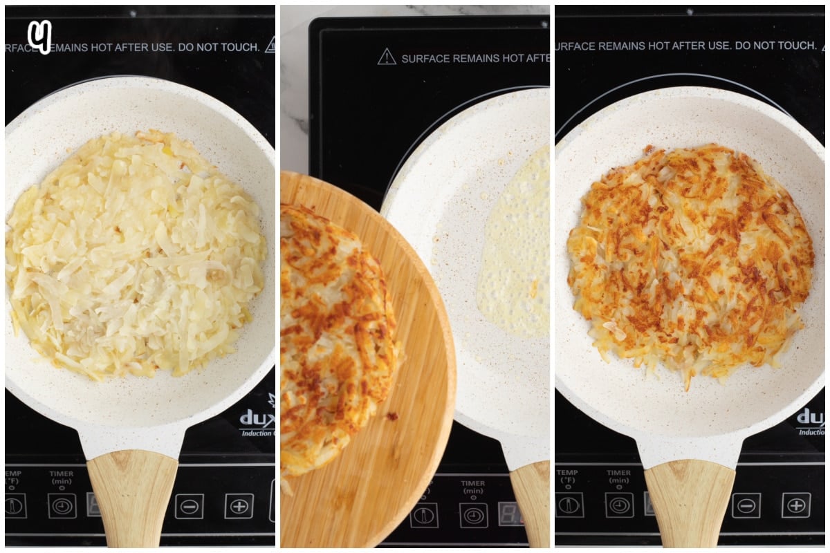 A collage of three images showing how to fry the potato rosti.