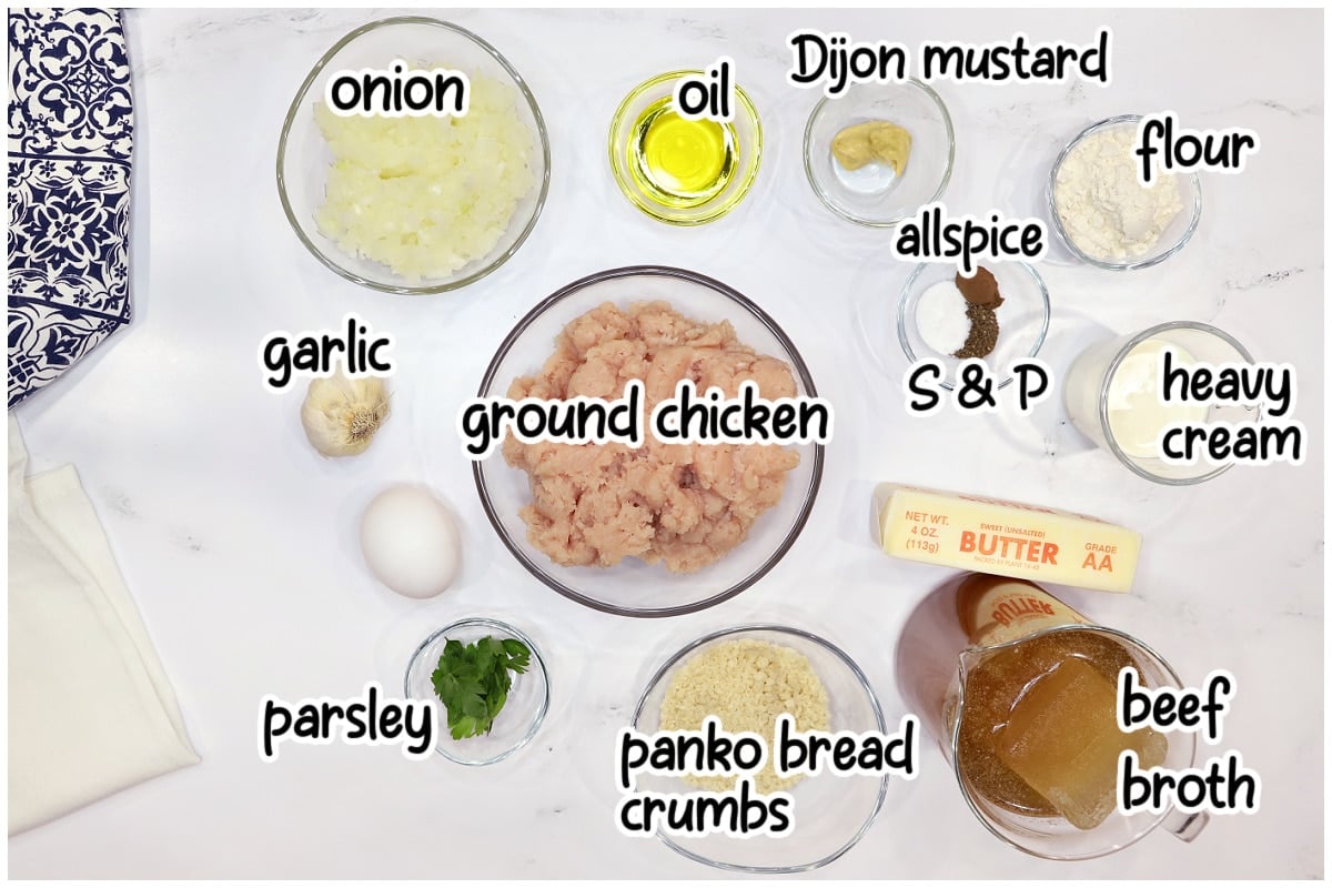 Swedish chicken meatballs ingredients with text overlay.