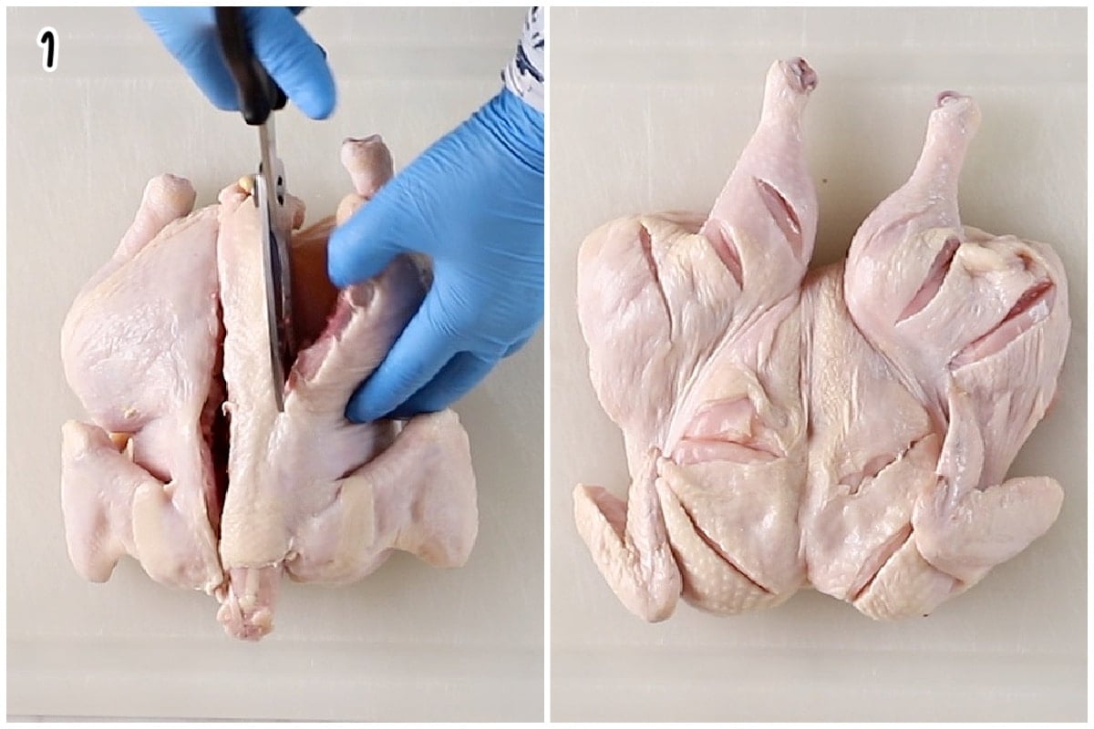 An image showing how to spatchcok a chicken.