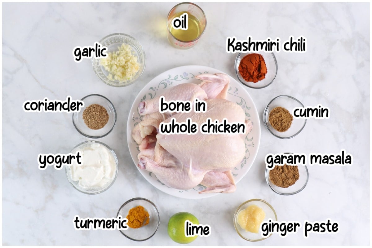 Tandoori chicken ingredients on a table with text overlay.