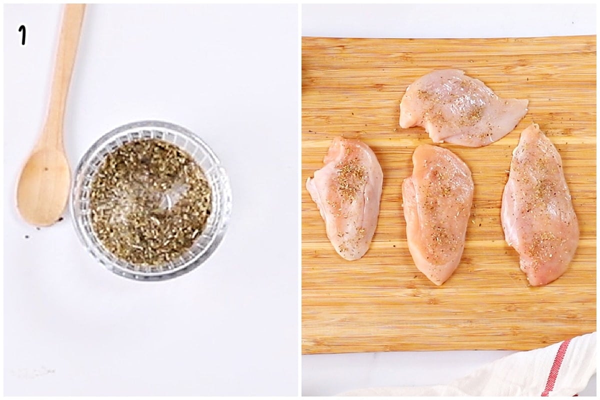 Split image showing a bowl of mixed seasonings on one side and sliced chicken cutlets coated with the seasoning blend on a wooden cutting board on the other.