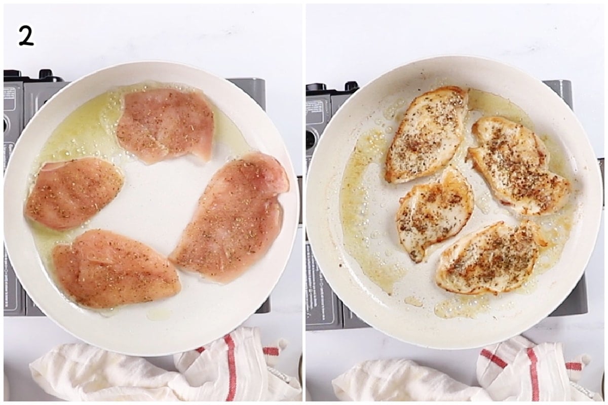 Split image showing seasoned chicken cutlets cooking in a skillet, with the second image showing the chicken seared to a golden brown crust.