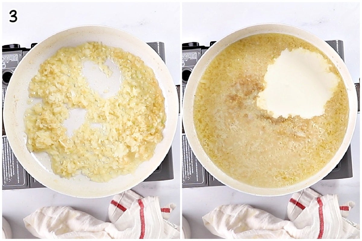 Split image showing onions and garlic sautéing in a skillet on one side and creamy Dijon sauce ingredients being added and simmered on the other.