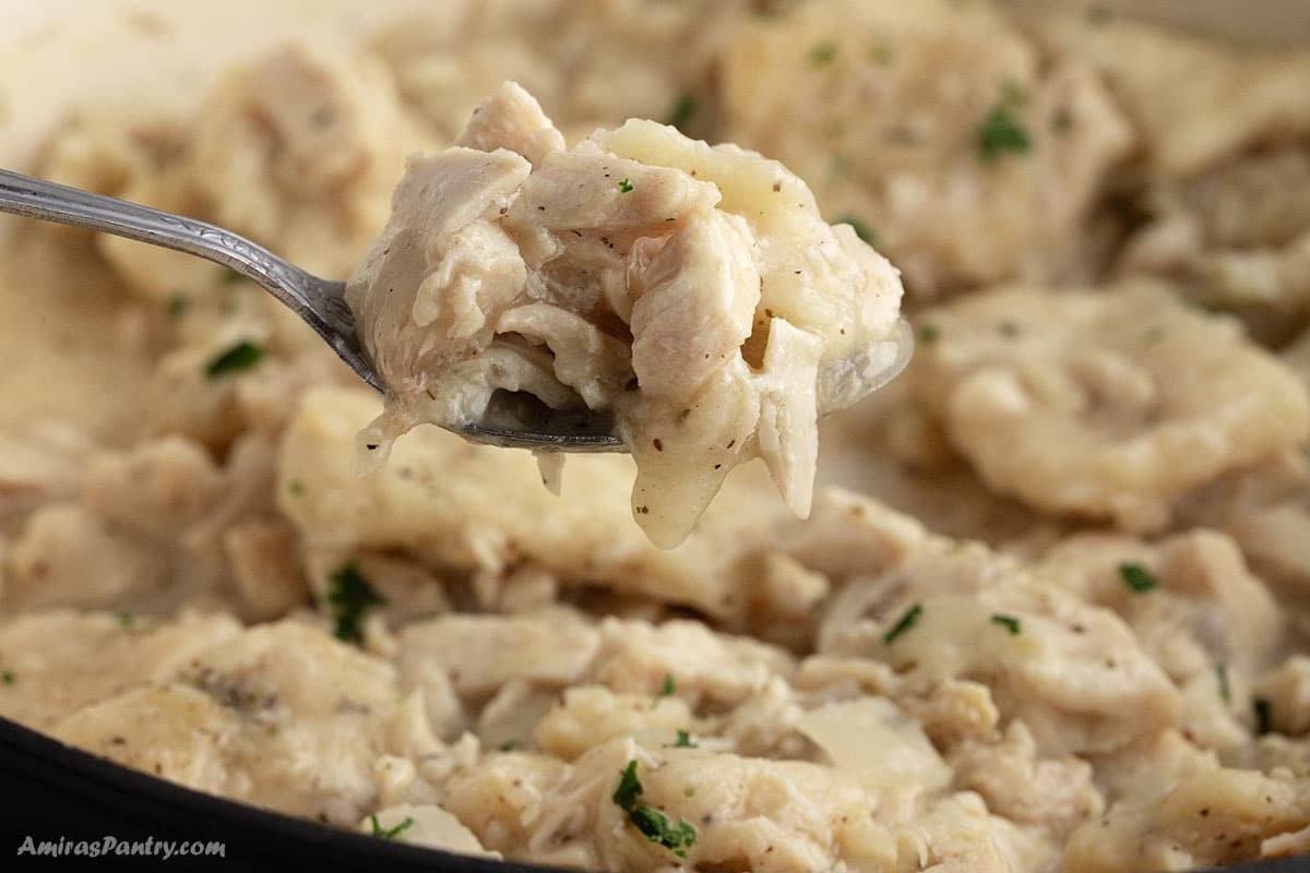 A spoon with some chicken and dumplings over a plate.