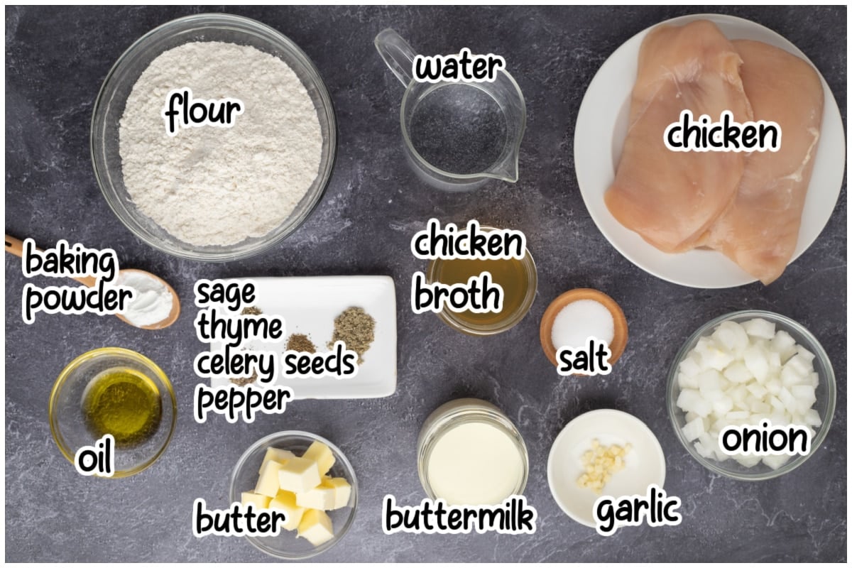 Ingredients for the chicken and dumplings with text overlay.