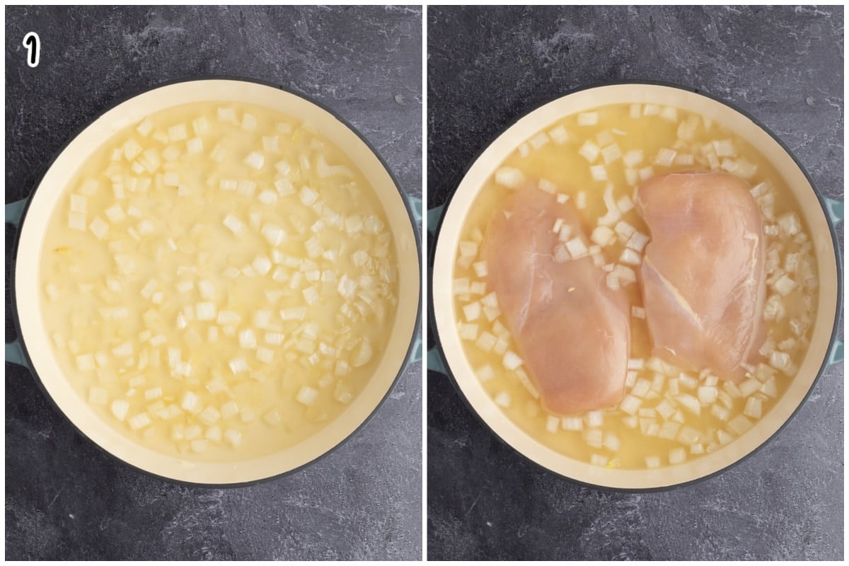 A collage of two images showing how to saute onions then add chicken to a large braiser to make the chicken and dumplings recipe.