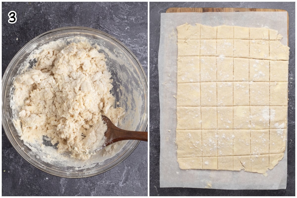 The dumplings dough with a wooden spoon in a glass bowl and another one showing rolled dough to make the dumplings.