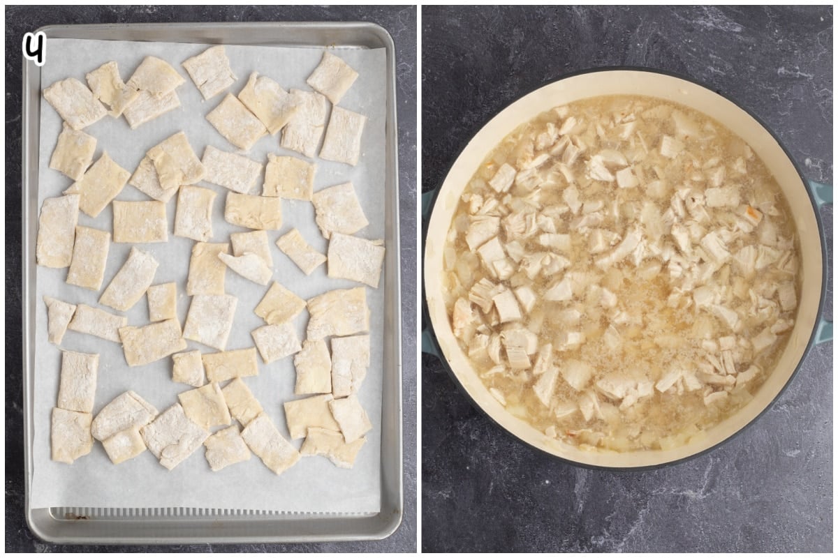 Dumplings square resting on a sheet pan while putting back the shredded chicken in the pot.