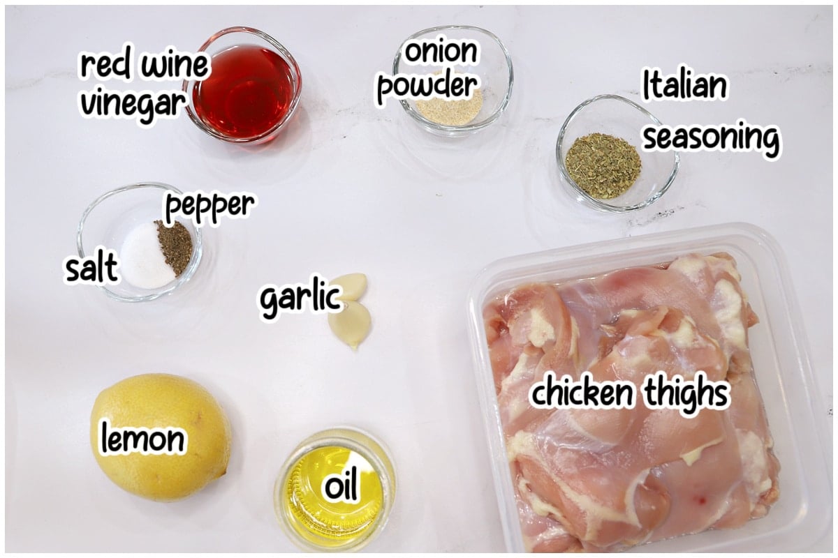 Ingredients for the Italian grilled chicken with text overlay.