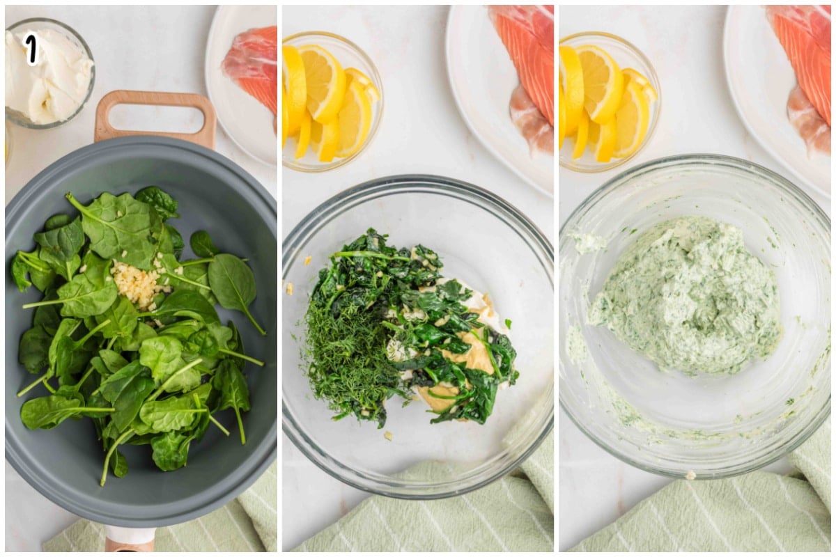 Three-step collage showing the preparation of a creamy spinach filling for salmon puff pastry.
